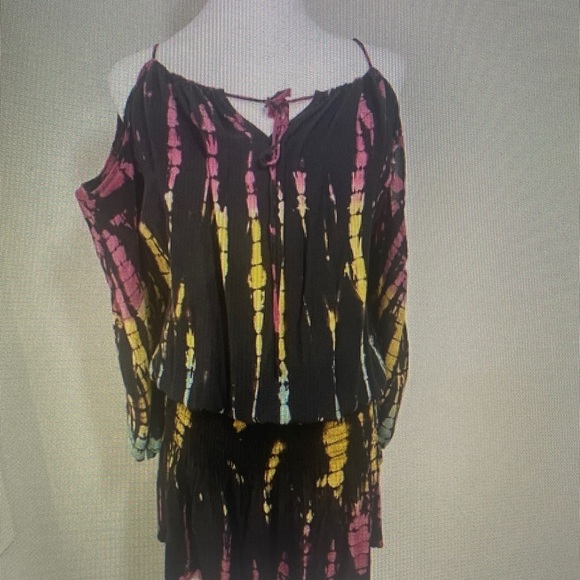 Surf Gypsy Tie-Dye Off-Shoulder Midi Dress - Black, Pink, Yellow - Picture 1 of 1